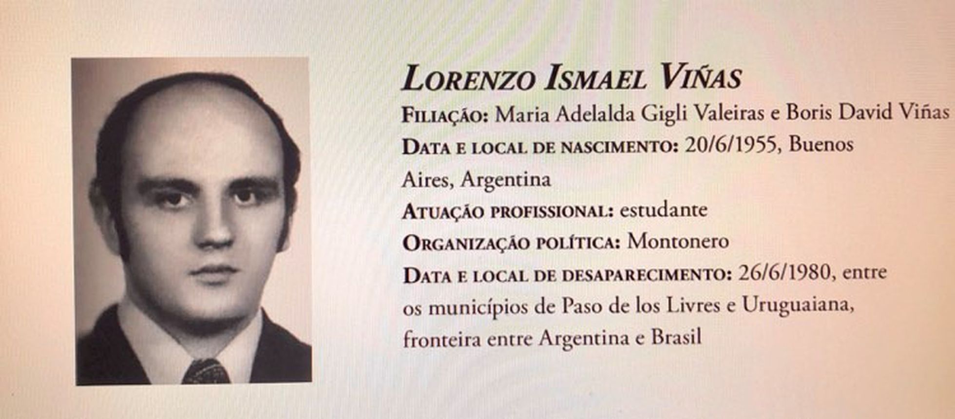 Scheda personale di Lorenzo Vinas Gigli (archivio della Commissione Nazionale della Verità - Brasile)